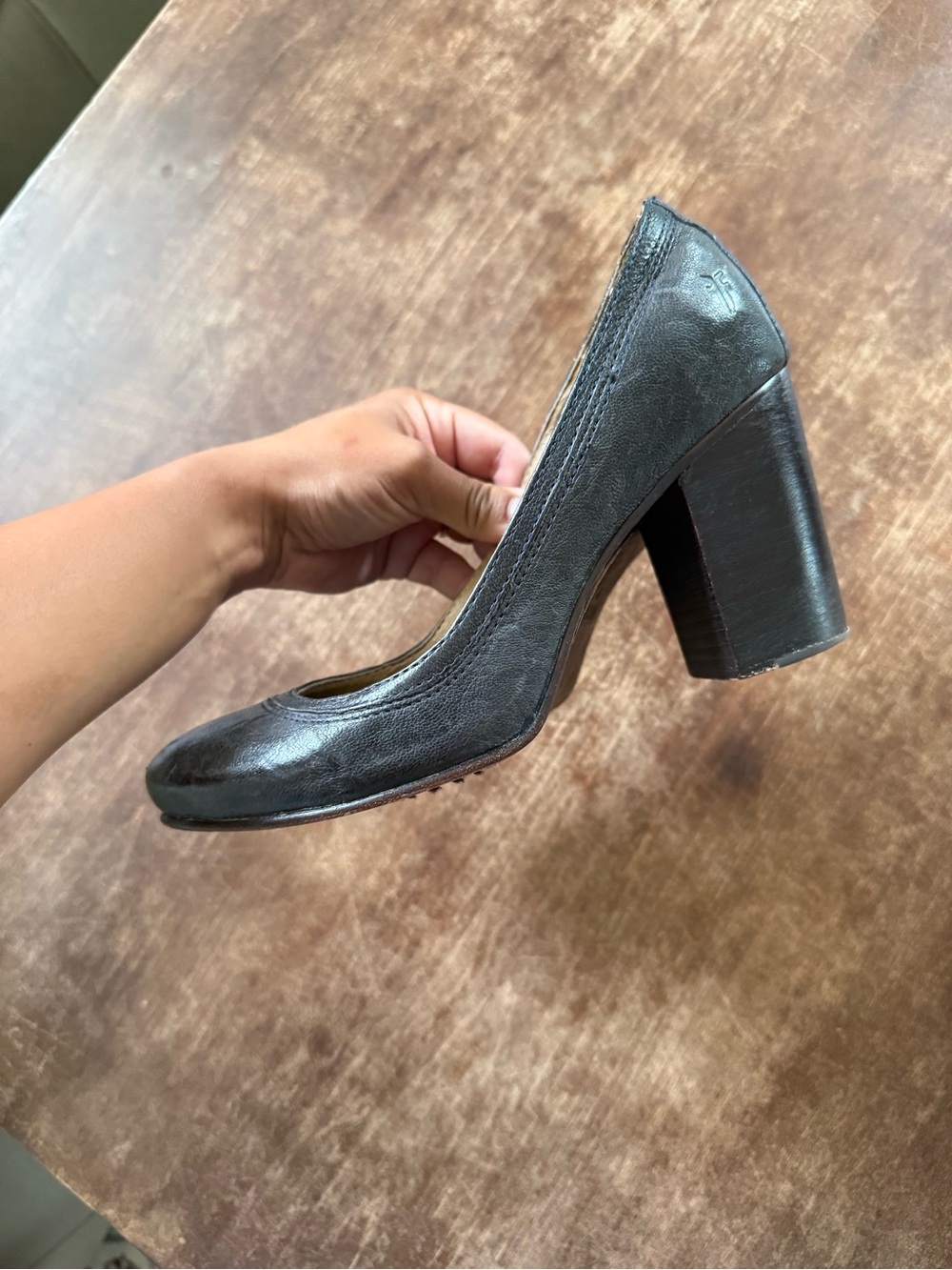 Frye Carson Black Leather Block Heel Pumps